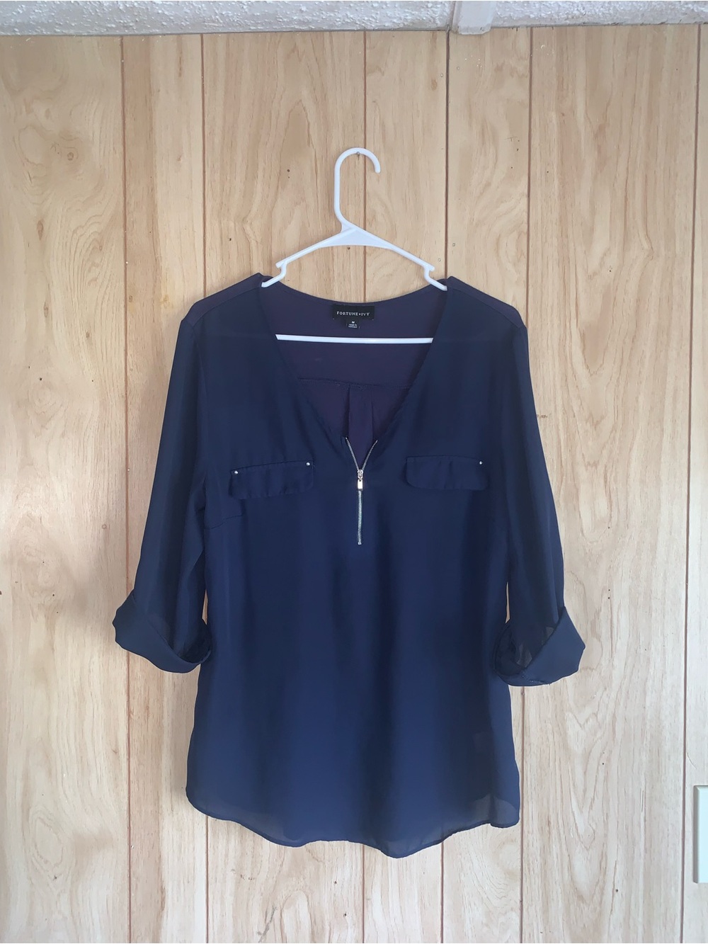 Chiffon V-Neck Zip Blouse in Navy